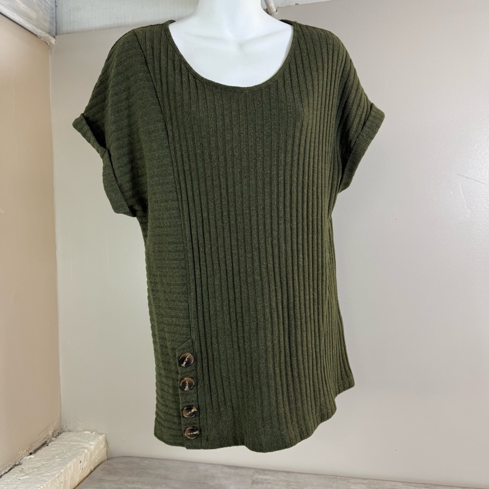 New PARALLEL SKIES Ribbed Button Rolled Sleeve Green Sweater Women SIZE S